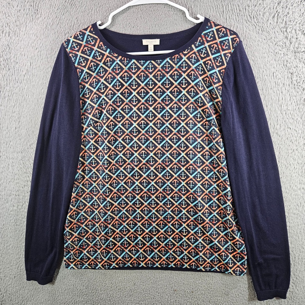 Talbots Womens Navy Blue Anchor Print Mixed Media Sweater Size S Nautical Preppy